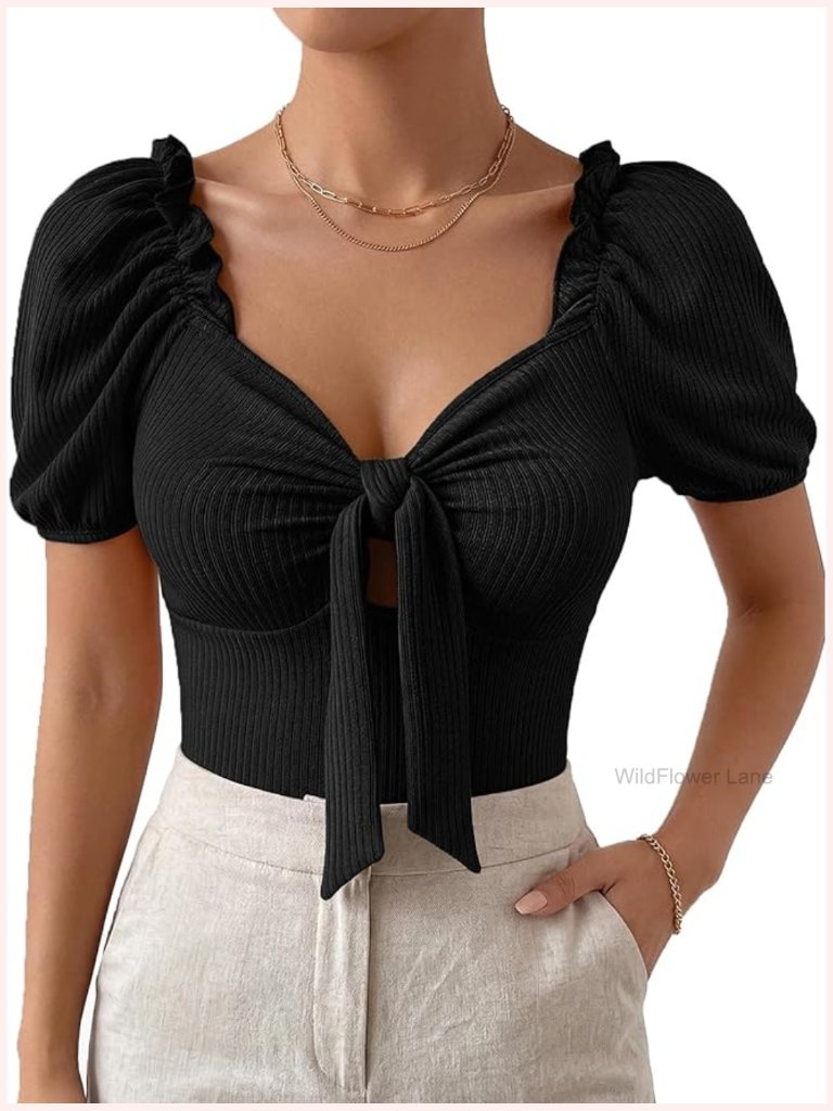 Rib Knit V Neck Bow Knot Front Short Sleeve Blouse Top